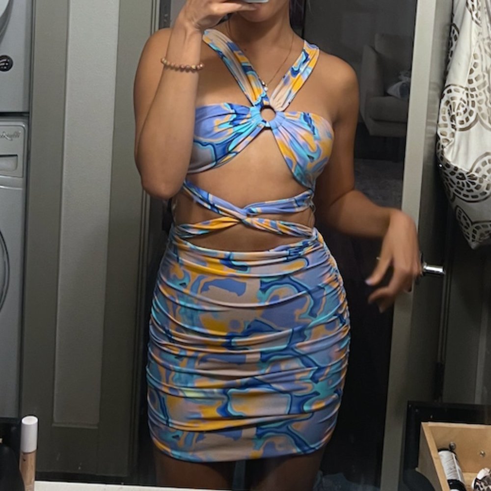 Tiger Mist Strappy Abstract Mini Dress